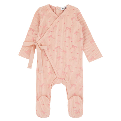 Mock Wrap Bow Print Footie Pink
