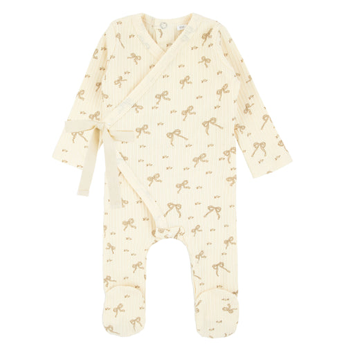 Mock Wrap Bow Print Footie Neutral